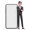 3d businessman in black formal suit crosses arms and leans on mobile phone with big white screen