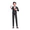 3d businessman in black formal suit give thumbs up and showing phone screen