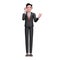 3d businessman in black formal suit make a call with a cell phone with open hand gesture