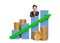 3d businessman in black formal suit putting her chin in hand while leaning on bar chart Stock growth with up graph statistics