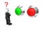 3d businessman in black suite with red and green buttons. Choice concept