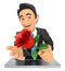 3D Businessman coming out a laptop screen with a red rose