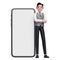 3d businessman in gray vest crosses arms and leans on mobile phone with big white screen