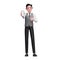 3d businessman in grey vest give thumbs up and showing phone screen