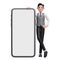 3d businessman in grey vest standing next to big phone with white screen with legs crossed and hands on waist