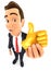 3d businessman holding golden thumb up icon