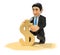 3D Businessman making dollar symbol with beach sand