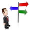 3D businessman, signpost with three arrows