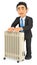 3D Businessman warming himself with an portable radiator
