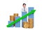 3d businessman in white shirt blue tie putting her chin in hand while leaning on bar chart Stock growth with up graph statistics