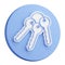 3D button rendering of Bunch of keys on ring from lock of front door of residential building. Round handle key. Realistic blue