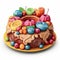 3D cake decorated with beautiful colorful desserts. Generative AI.