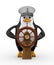 3d captain penguin sailing a wooden rudder ship steering wheel