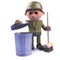 3d cartoon army soldier character with broom and trash can