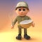 3d cartoon army soldier in military uniform mixing a cake in a bowl with a whisk, 3d illustration