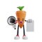 3d cartoon carrot character talking into a megaphone while holding flyer paper