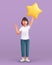 3D cartoon character. Young woman waving hand saying hi and holding a big star. Customer review rating and client feedback concept