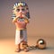 3d cartoon cleopatra tutankhamun Egyptian character with ball and chain, 3d illustration