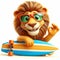 3D cartoon cute lion wearing glasses with happy expression and carrying surfboard isolated white background 4