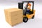 3D cartoon driving forklift to carry the brown paper card box stack on the wood pallet against white background