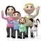 3D cartoon family with a dog waving hands - parents and children - mother, father, daughter and son