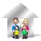 3D cartoon family - parents and children and house shape