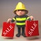 3d cartoon fire fighter fireman in high visibility clothing holding sale shopping bags