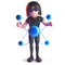 3d cartoon gothic girl wearing a leather catsuit and studying a quantum nuclear atom