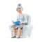 3d cartoon granny sitting in armchair and reading a book