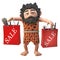 3d cartoon hairy caveman cartoon character with sale shopping bags full of bargains, 3d illustration