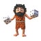 3d cartoon hairy neanderthal caveman character holding a pair of dice