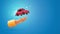 3d cartoon human hand holding a red car vector illustration. Rent, sell cars or carsharing web banner template blue