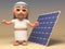 3d cartoon Jesus Christ character standing next to a renewable energy solar power cell panel, 3d illustration