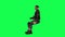 3D cartoon man in black suit and brown pants sitting calling his friend from left angle on green screen 3D people walking backgrou