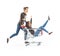 3d cartoon man pushing woman inside shopping cart