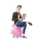 3d cartoon man sitting on piggy bank with calculator