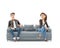 3d cartoon man and woman sitting on sofa and looking each other