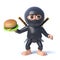 3d Cartoon ninja assassin character holding a beef burger snack