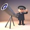 3d cartoon policeman character in police uniform next to a surveillance telescope, 3d illustration
