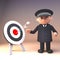 3d cartoon policeman character in police uniform points at a target with arrows in bullseye, 3d illustration