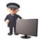 3d cartoon policeman character in uniform standing by a widescreen flatscreen tv monitor, 3d illustration