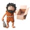 3d cartoon prehistoric caveman character holding an empty cardboard box and club, 3d illustration