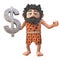 3d cartoon prehistoric caveman character holding a rock US Dollar currency symbol, 3d illustration
