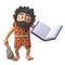 3d cartoon prehistoric caveman character trying to read a book, 3d illustration