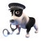 3d cartoon puppy dog dressed as a police dog holding a pair of handcuffs in its mouth, 3d illustration