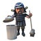 3d cartoon samurai warrior in armour cleaning litter with a broom and trash can, 3d illustration