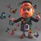 3d cartoon Scottish man with beard and kilt surrounded by butterflies, 3d illustration