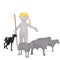 3d cartoon shepherd and his dog tending sheep