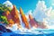 A 3D cartoon-style coastal landscape with towering cliffs, crashing waves, and a bright, sunny sky.