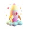 3d cartoon style minimal spaceship rocket cute style icon. Toy rocket upswing, spewing smoke. Startup, space, business concept on